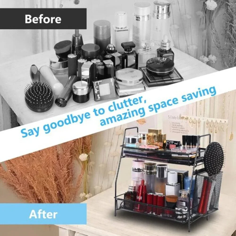 New Black Countertop Organizer, Bathroom, Bedroom & Kitchen Shelf with Basket